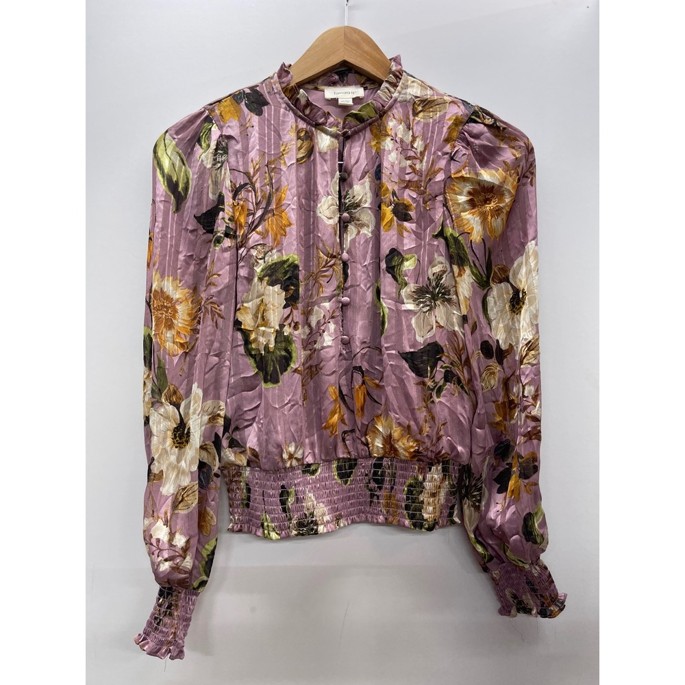 Tamara H Floral Mock Neck Blouse Smocked Waist Metallic Stripe Mauve XS